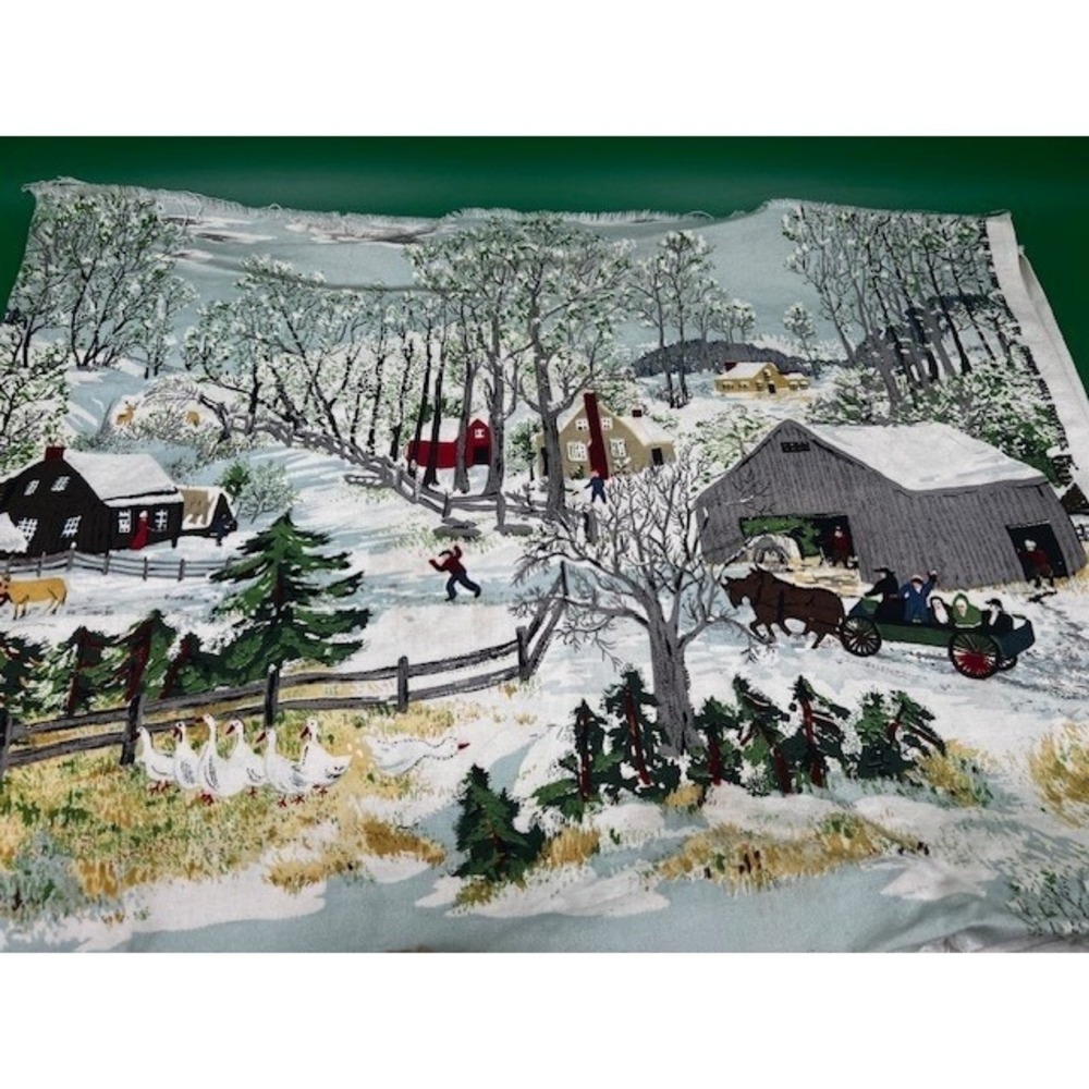 Riverdale Grandma Moses Fabric Early Springtime on the Farm Blue 46x17 Barkcloth